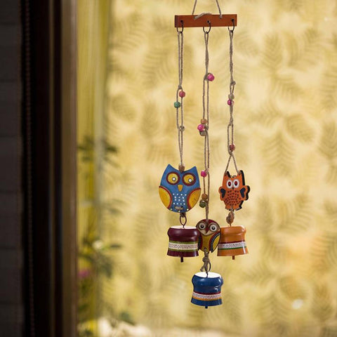 Triple Owl Motifs' Decorative Hanging Metal Wind Chime (3 Bells)