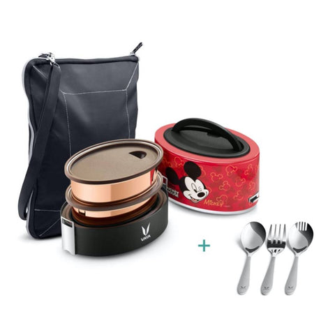 Mickey Kids 600 ml Copper-Finished Stainless Steel Lunch Box + Bagmat + 3 Piece