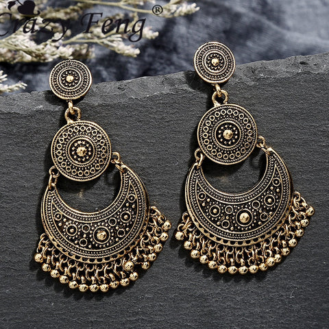 Crazy Feng Antique Gold Color Statement Earrings for Women Bell Long Pendant Jhumka Indian Gyspy Earring Mujer Accessories