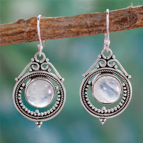 New Vintage Imitation Moonstone Crystal Dangle Earrings Silver Color Earrings For Women Wedding Jewelry Statement Earring D10