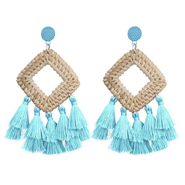 Ladies Fashion Earrings Bohemian Vintage Handmade Rattan Woven Tassel Square Pendant Earrings Women'S Jewelry Z1226