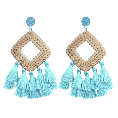 Ladies Fashion Earrings Bohemian Vintage Handmade Rattan Woven Tassel Square Pendant Earrings Women'S Jewelry Z1226