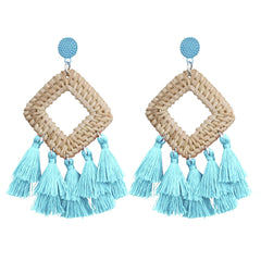 Ladies Fashion Earrings Bohemian Vintage Handmade Rattan Woven Tassel Square Pendant Earrings Women'S Jewelry Z1226