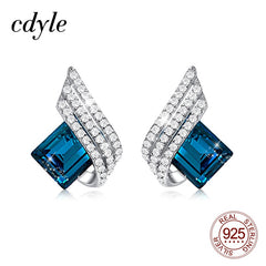Cdyle 925 Silver Jewelry Wedding Bridal Engagement Earrings with Shiny Cubic Zircon Geometric Blue Crystal Earrings for Women