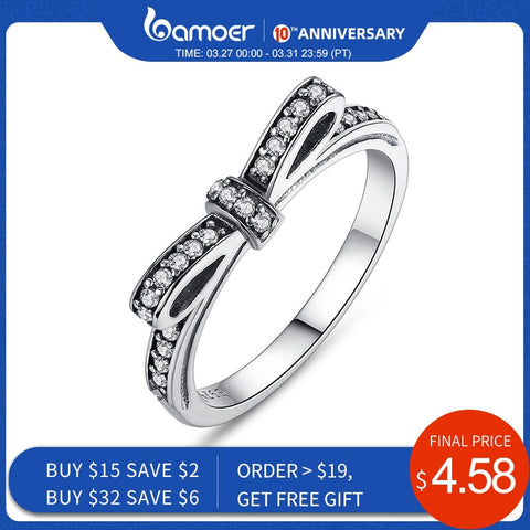 BAMOER HOT 925 Sterling Silver Sparkling Bow Knot Stackable Ring Micro Pave CZ for Women Valentine's Day Gift Jewelry PA7104
