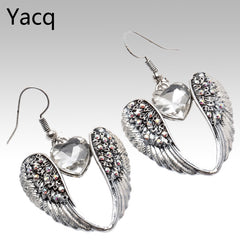 YACQ Wings Heart Dangle Drop Earrings Antique Silver Color W Crystal Women Girls Biker Bling Jewelry Gifts Dropshipping EC06