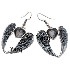 YACQ Wings Heart Dangle Drop Earrings Antique Silver Color W Crystal Women Girls Biker Bling Jewelry Gifts Dropshipping EC06