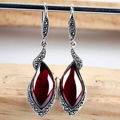 Vintage Silver Garnet Earrings green chalcedony gem Earrings Korean long jewelry silver female temperament